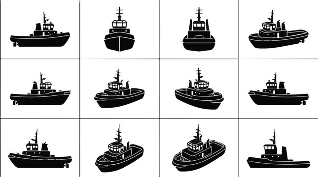 Collection of tugboat silhouettes from multiple angles and perspectives.