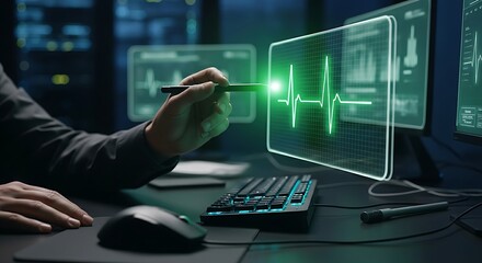 Fototapeta premium Real-time system monitoring. An analyst's hand observes a steady 'heartbeat' line (EKG) on a holographic monitor, representing real-time system monitoring.