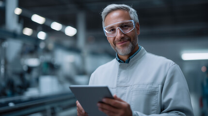 Obraz premium A smiling professional in protective glasses and a lab coat holding a digital tablet in an industrial or laboratory setting. Quality control, industrial technology, expertise, modern workplace.