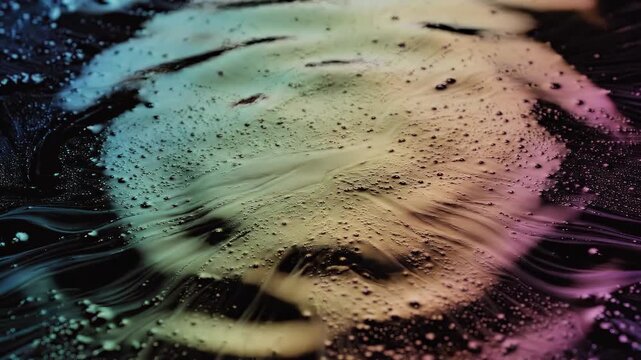 Dark liquid explosion with colorful glowing droplet splashing outward on black background