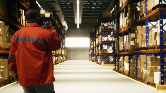 Logistics worker communicating through portable walkie-talkie device near cardboard boxes racks. Equipment ensures teamwork safety and accurate cargo movement across warehouse infrastructure.