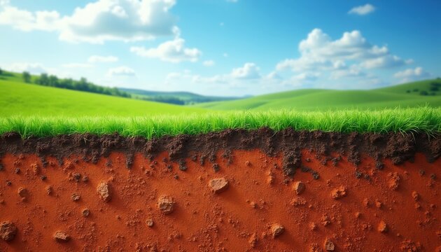Cross section shows brown topsoil over red earth. Green grass covers the land under bright blue sky with clouds. Rolling hills form the distant landscape.