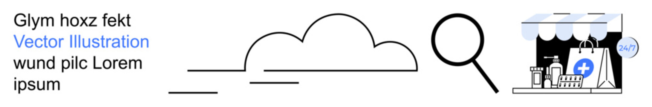 Cloud technology, data storage, online shopping, cyber security, search optimization, e-commerce. Cloud icon, magnifying glass storefront with digital content. Cloud storage and online shopping