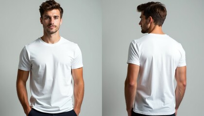 Obraz premium Young man models clean white tee shirt from front and back views. Male wears plain casual shirt in studio with soft grey background. Good for apparel ads