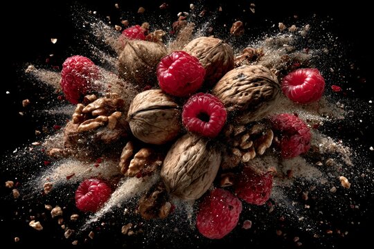 Walnuts and raspberries collide in a delicious explosion with pieces of nuts and sugar against a stark black backdrop for a stunning still life.