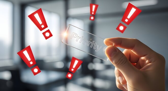 Hand holding transparent sign with word Priority, surrounded by red exclamation marks