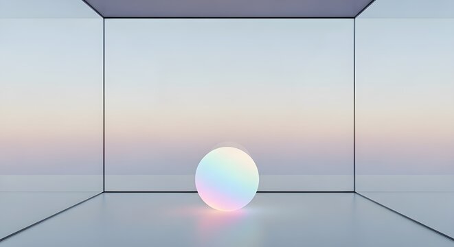 Glowing orb in minimalist room with pastel colors