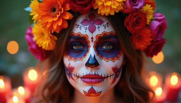 Woman with festive sugar skull makeup and flower crown. Candles glow around her face. This portrait is for Day of Dead celebration and cultural events.