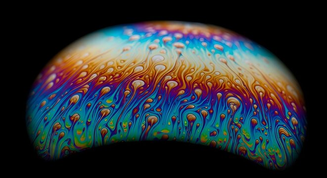 Soap bubble with colorful iridescent patterns on black background