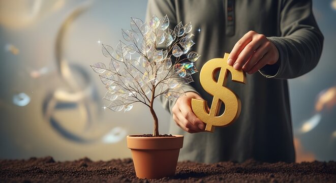 Person holding dollar sign near potted tree with glass branches