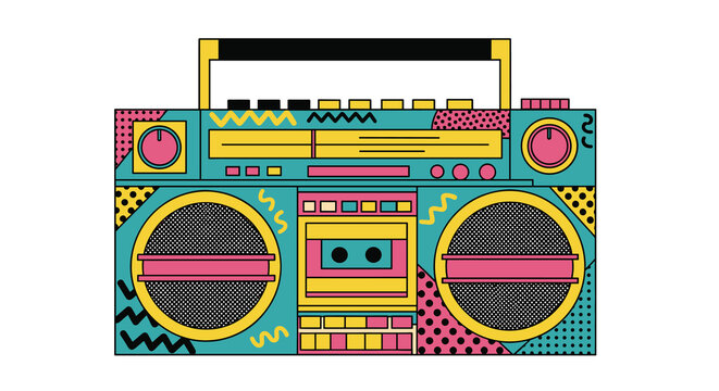 Retro 80s boombox vector illustration, vintage portable cassette player with colorful geometric memphis style patterns, nostalgic music equipment design