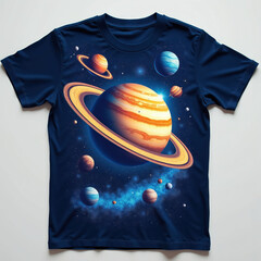 Fototapeta premium Dark blue t-shirt with space theme print. Features Saturn like planet and other orbs among stars. Cosmic background graphic for kids apparel.