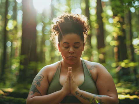 Calm woman meditating with hands in prayer pose in sunlit forest