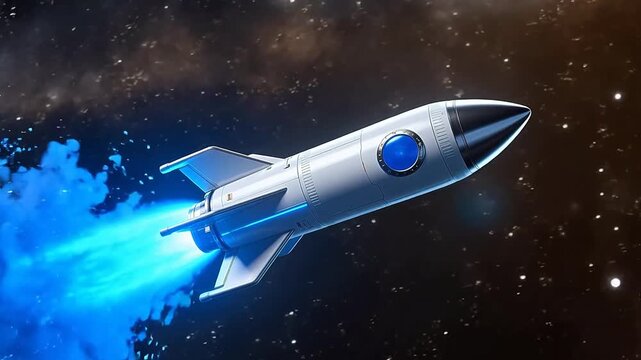 White rocket flying in space with blue flame