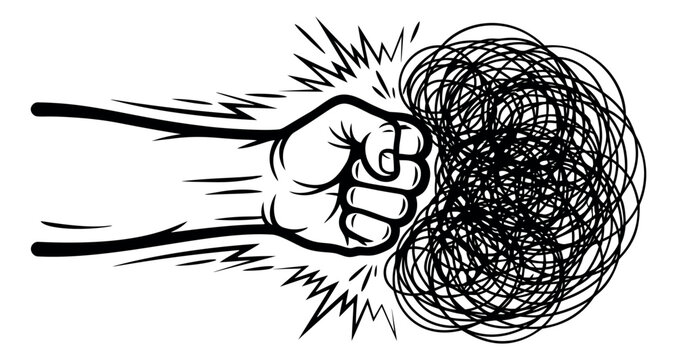 Cartoon illustration of a fist punching a tangled chaos ball depicting overcoming confusion and complexity for business and motivation design