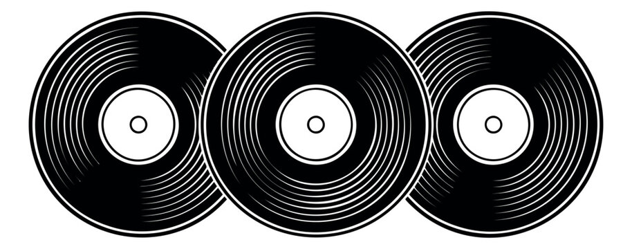 Engraving style set of 3 vinyl records depicting classic music discs with detailed groove rings for retro music design