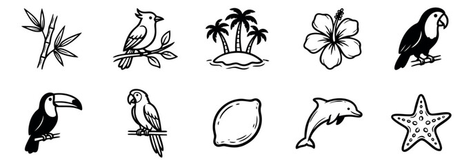 Fototapeta premium Silhouette icon set of 10 tropical elements featuring parrot, toucan, palm tree, dolphin, hibiscus and starfish for summer design