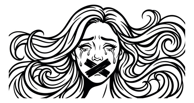 Bold outline illustration of crying woman with taped mouth depicting silenced grief and censorship for social awareness design