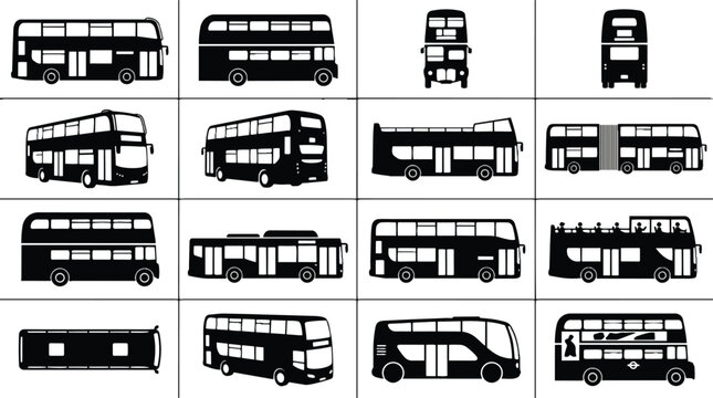 Collection of double decker bus silhouettes from various angles including front side and top views.