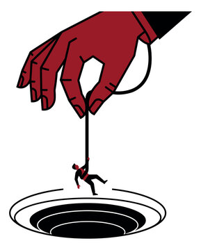 Flat illustration of giant red hand holding a person on a string depicting manipulation and control over a dark hole for business and social concept design
