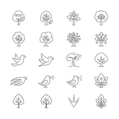 Fototapeta premium Collection of Minimalist Line Art Icons Featuring Trees and Birds.