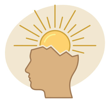 Flat illustration of human head silhouette depicting a glowing sun rising from open mind for mental health and inspiration design