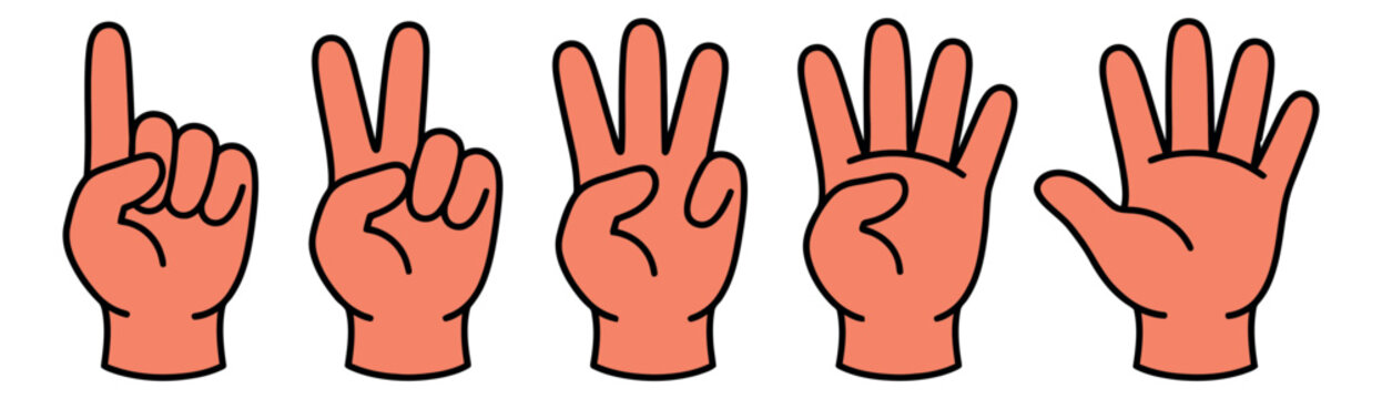 Cartoon icon set of hands depicting counting gestures from one to five for educational design