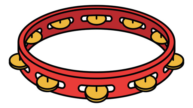 Cartoon illustration of a red tambourine depicting a circular frame percussion instrument with gold jingles for music and education design