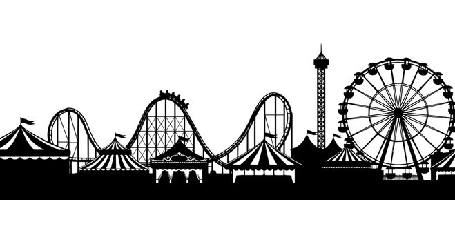Amusement Park Silhouette: Roller Coaster, Ferris Wheel, Tents, and Tower