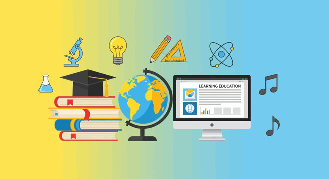 Education and Learning Concept: Icons of Science, Books, Computer, Globe and Music on Split Background