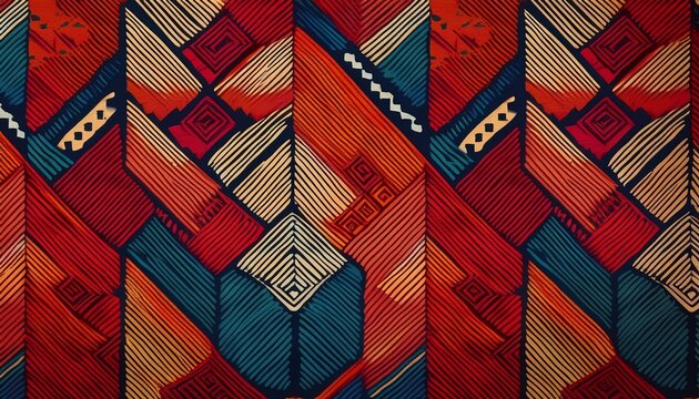 traditional geometric ethnic textile pattern in warm red navy and ochre tones on woven fabric background for cultural decorative use ai generative
