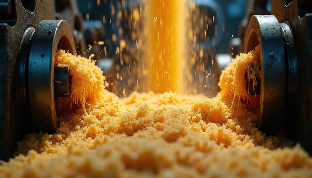 Sugarcane processed through metal rollers yields sweet raw sugar. Industrial machine crushes plant fibers, creating granular product. Traditional food processing in workshop.