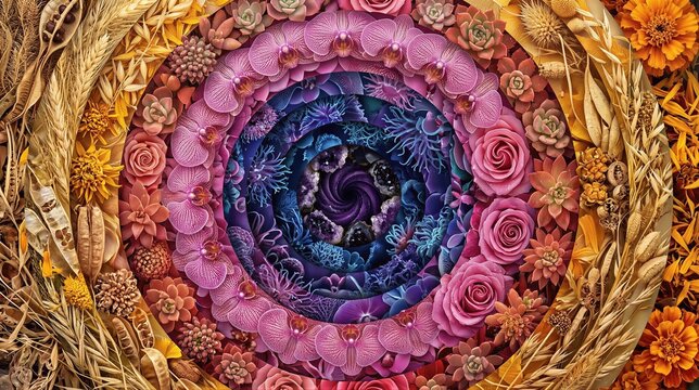 Concentric circular mandala of colorful flowers succulents and dried plants. Artistic floral arrangement with deep purple abyss center. Decorative botanical background for design project.