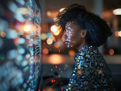 Focused woman programmer coding on large screen in dark office