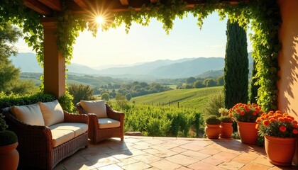 Obraz premium Wicker sofas on sunlit terrace overlooking Italian vineyard valley. Green hills, mountains, lush grapes. Potted flowers add color. Peaceful countryside escape.
