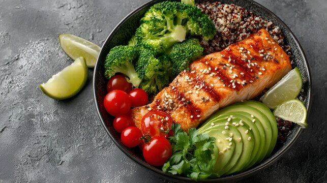 A delectable grilled salmon bowl with fresh broccoli, avocado, cherry tomatoes, quinoa, and lime slices sits on a textured gray surface.
