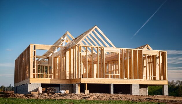 interior frame of new wooden house under construction