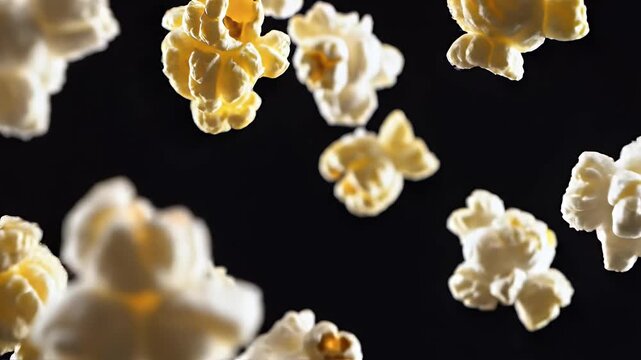 A close-up shot showcases a flurry of freshly popped popcorn against a stark black background, highlighting its fluffy texture and golden hues.