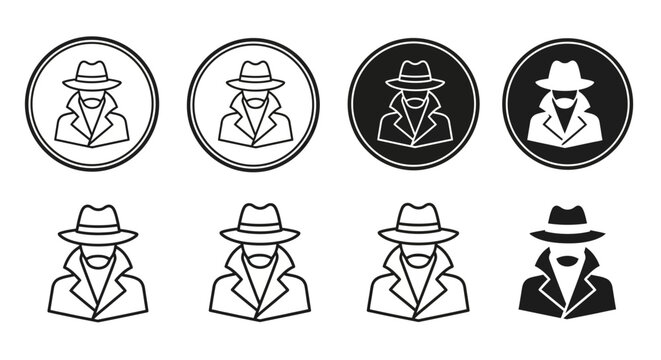 Spy, detective, secret agent icons, black and white vector set