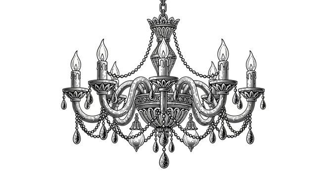 Luxury chandelier, crystal chandelier, antique lighting, elegant chandelier, black and white illustration