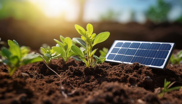 solar powered device buried in soil with plants growing above it