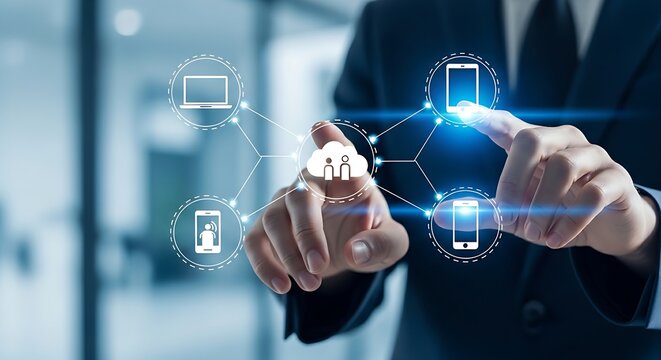 Remote work and mobility concept. A professional's hands interact with 'laptop', 'tablet', and 'smartphone' icons connected to a central cloud, representing flexibility.