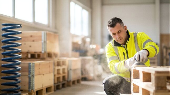 A man in a yellow jacket working on a piece of wood.