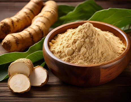 maca root powder in a wooden bowl with fresh maca roots on a wooden background