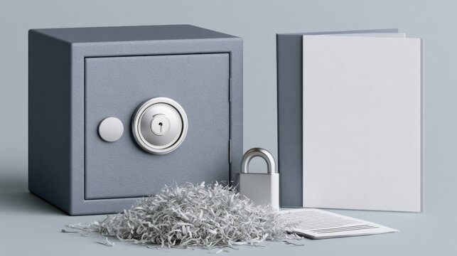Metal safe with shredded documents scattered, padlock and blank paper sheet beside lock suggesting physical data disposal and compliance audit. Minimal monochrome set, textured metal surface