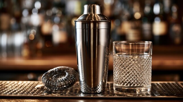Shiny shaker and whiskey glass bathed in warm bokeh, sugardusted donut resting on rubber mat, polished stainless metal reflecting amber spirit and ice, dim lounge background with premium barware