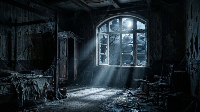 Eerie Abandoned Room: Sunlight streams through a broken window, illuminating dust motes dancing in the air of a decaying, cobweb-laden room, creating a hauntingly beautiful and desolate atmosphere.
