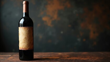 Obraz premium Dark glass wine bottle with aged empty label rests on rustic surface. Background has textured dark brown and orange pattern. Object is dark red liquid inside.