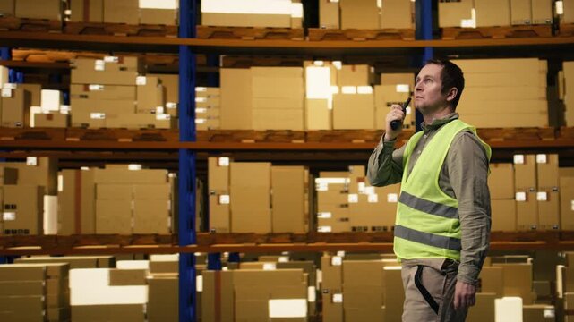 Warehouse operator reporting parcel status via two-way portable transceiver, ensuring teamwork through radio signal walkie-talkie in depot. Professional communication ensures order fulfillment.