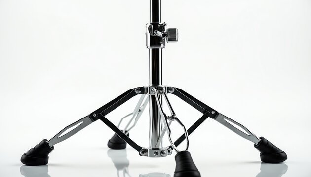 Shiny chrome cymbal stand tripod base with black rubber feet. Metal drum hardware for musician or band setup. Adjustable height for stage or studio.